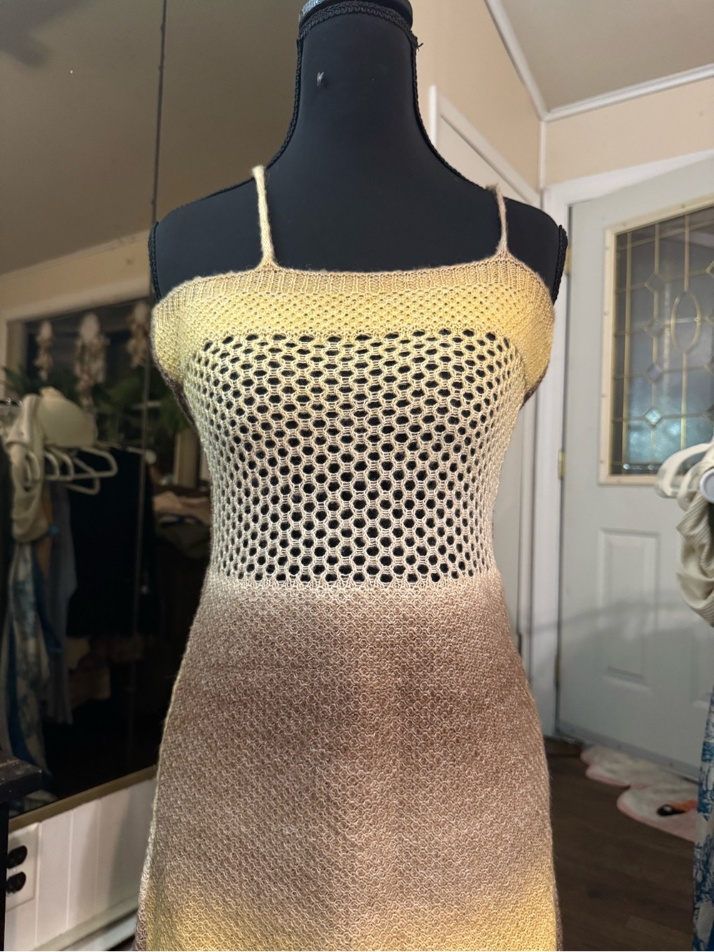 Gradient Knit Mesh Slip Dress in Yellow, Cream & Brown